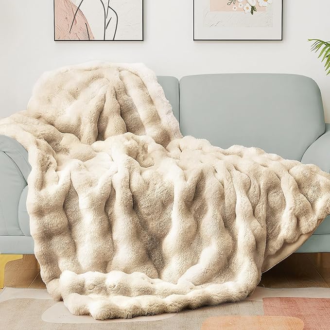 Latepis Soft Luxury Faux Fur Bubble Blanket, Thick Warm Cozy Twin Blankets for Couch, Plush Fluffy Blankets for Sofa and Bedroom, Fuzzy Blanket for Women Gift, 60” x 80”, Tie-dye Camel, 860GSM-Ruum Studio Home