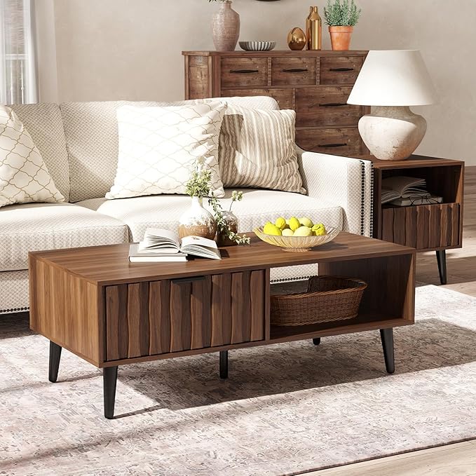 Mid Century Modern Coffee Table with Grooved Drawers & Open Storage, 47" MDF Walnut Wood Center Table with Black Solid Wood Legs, Retro Living Room Furniture-Ruum Studio Home