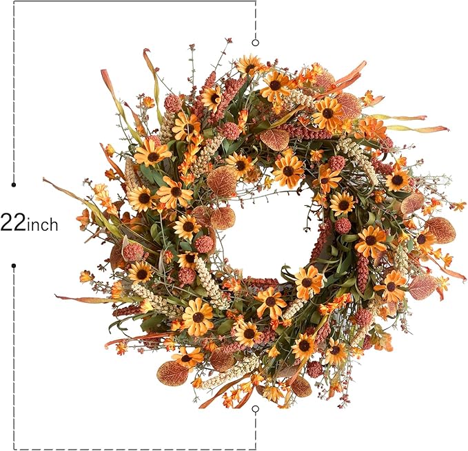 Bibelot Fall Front Door Wreath, 22" Artificial Floral with Colorful Daisies and Autumn Foliage - Orange for Wall, Window and Thanksgiving Decor-Ruum Studio Home