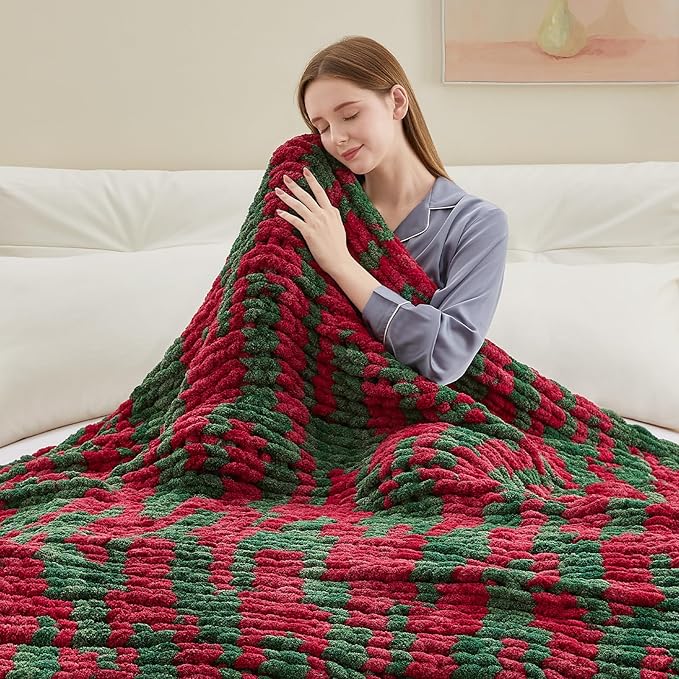 Chunky Knit Throw Blanket, 60''*80'' Knitted Throw Chenille Yarn for Bed Couch, Handmade Stripe Crochet Big Thick Blanket, Machine Washable Cute Comfy Blanket for Home Decor-Ruum Studio Home