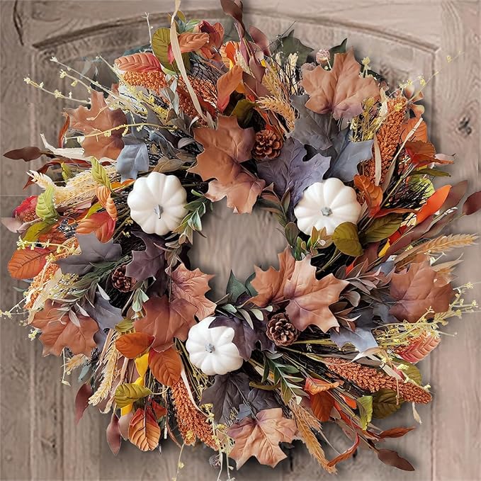 WANNA-CUL 24 Inch Fall Wreath for Front Door with White Pumpkins,Grains, Maple Leaves-Fall Decoration for Home-Large Fall Decor Door Wreath for Autumn,Harvest or Halloween-Ruum Studio Home