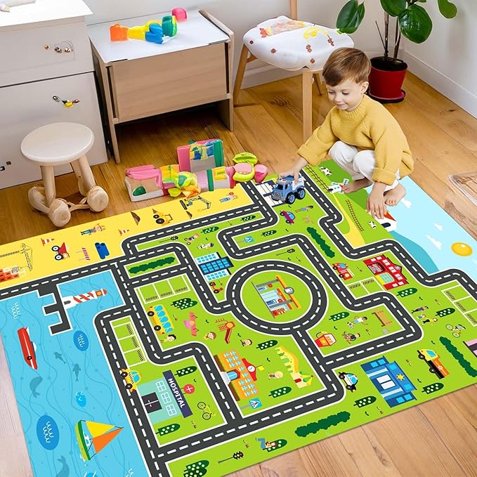Kids Rug Playroom Car Rug Play Mat City Life Road Rugs Fun City Map for Kids Toy Cars Carpet for Bedroom Boys (Green-Rug, 5.2x7.9ft)-Ruum Studio Home