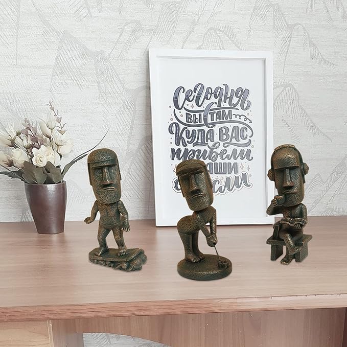 Moai Statue Decor - 6 Inch Easter Island Oranment Resin Stone Decoration for Room Accessories Antique Sculpture for Office Desktop (Play The Guitar)-Ruum Studio Home