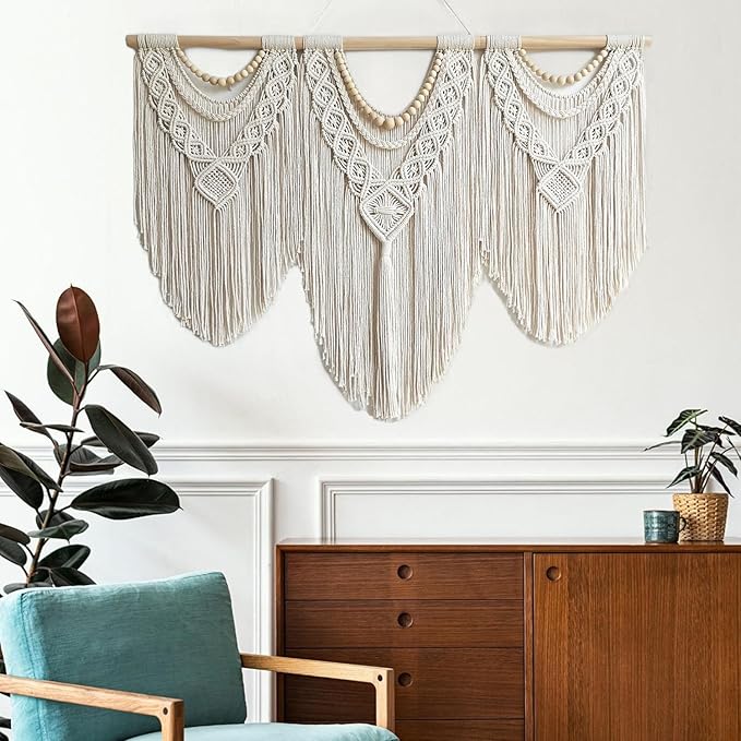 guzhiou large macrame wall hanging - Boho Tapestry Macrame Wall Decor Art- Chic Bohemian Handmade Woven Tapestry Home Decoration for Bedroom Living Room Apartment Wedding Party - 43"x32" (Wood bead)-Ruum Studio Home