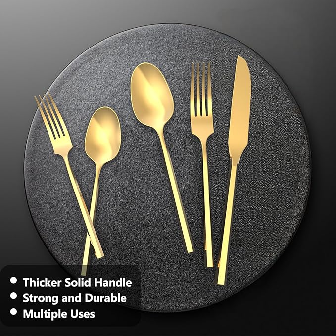 Gold 20 Piece Stainless Steel Silverware Set, Handle Flatware, Modern Mirror Finish Cutlery Set, Service for 4, Dishwasher Safe-Ruum Studio Home