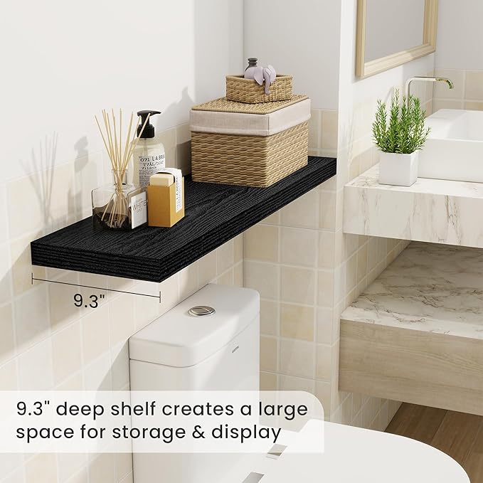 36 Inch Floating Shelves, 9.3 Inch Deep Rustic Wall Shelves - Extra Deeper Wall Mounted Storage Shelves for Bathroom, Kitchen, Living Room (Black, Set of 2)-Ruum Studio Home