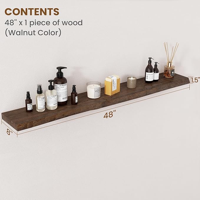 Floating Shelves for Wall Decor, Rustic Solid Elm Wood Live Edge Floating Shelves Wall Mounted, Wall Shelves with Invisible Bracket for Living Room Bathroom Bedroom Kitchen, 48 Inch, Walnut-Ruum Studio Home