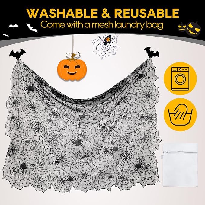 eZAKKA Halloween Table Cloth, 54" x 72" Spider Webs Tablecloths Black Tablecloth Lace Fabric Table Cloths Spooky Cover-Ruum Studio Home