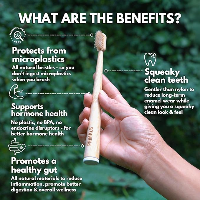 PRIMALS Boar Bristle & Bamboo Toothbrush (4-Pack) - Premium Boar Bristles - Fully Biodegradable - Plastic & Nylon Free - Quick Dry Design-Ruum Studio Home
