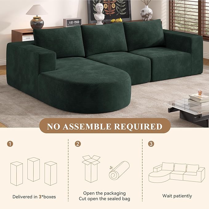 Modular Sectional Sofa with L-Shape Chaise,Cloud Sectional Modern Sleeper Couch with Deep Seat,Sponge Compression Sofas No Assembly Required (Green-Corduroy Fabric) 1PCS-Ruum Studio Home