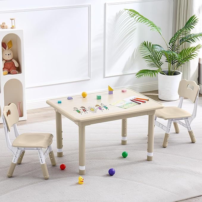 Kids Table and 2 Chairs Set, Height Adjustable (17.7"-26.1") Toddler Table and Chair Set, Multi-Activity Table with Graffiti Desktop, Children’s Table and Chairs for Classroom, Home & Daycare-Ruum Studio Home