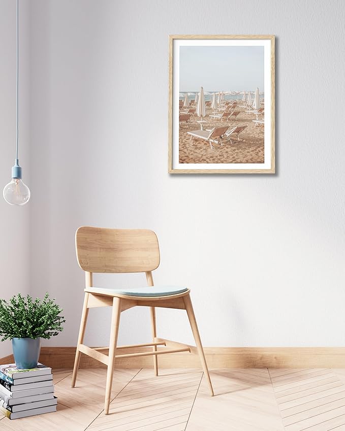 HesenDot Natural OAK Wood Framed Italy Beach Wall Art,12x16in Amalfi Coast Canvas Wall Print,Positano Seascape White Beach Chair Wall Decor for Living Room, Bedroom,Office Gallery Set of 1-Ruum Studio Home
