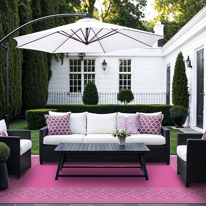 GENIMO Outdoor Rug Waterproof 6'x9' for Patio, Foldable Reversible Plastic Straw Carpet for Travel Trailers, Outside Area Mat for Rv, Deck, Picnic, Porch, Camper, Balcony, Beach, Pink & Grey-Ruum Studio Home