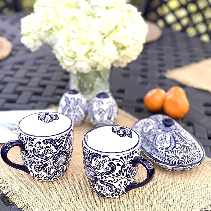 Encantada Handmade Hand-Painted Authentic Mexican Pottery Mugs (1-Pack, Cobalt Blue Flower)-Ruum Studio Home