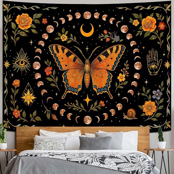 Lunerfex Moon Phase Butterfly Floral Wall Tapestry, Celestial Botanical Tapestries for Room Decor, Mystical Tapestry 60x44 Inch-Ruum Studio Home