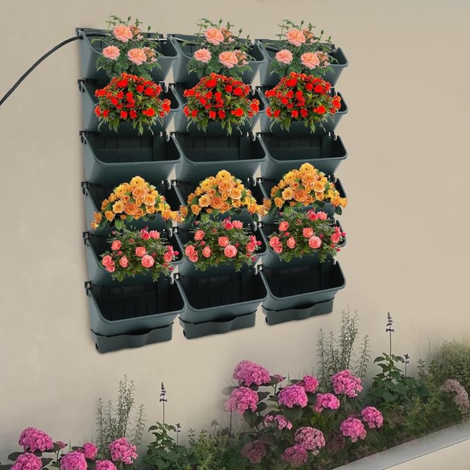 18 Pots Self-Watering Vertical Wall Planter, 39.4”L x 39.4”H Stackable Plastic Wall-Mounted Plant Grow Pots, Wall Hang Garden Planter Outdoor Indoor for Herbs Flowers Strawberries (Green)-Ruum Studio Home