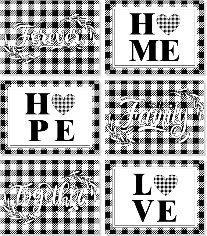 Love Family Placemats Set of 6 Buffalo Plaid Plastic Table Mats Black and White Plaid Place Mats Washable Vinyl Love Home Checkered Table Decoration for Indoor Outdoor Party Kitchen Dining-Ruum Studio Home