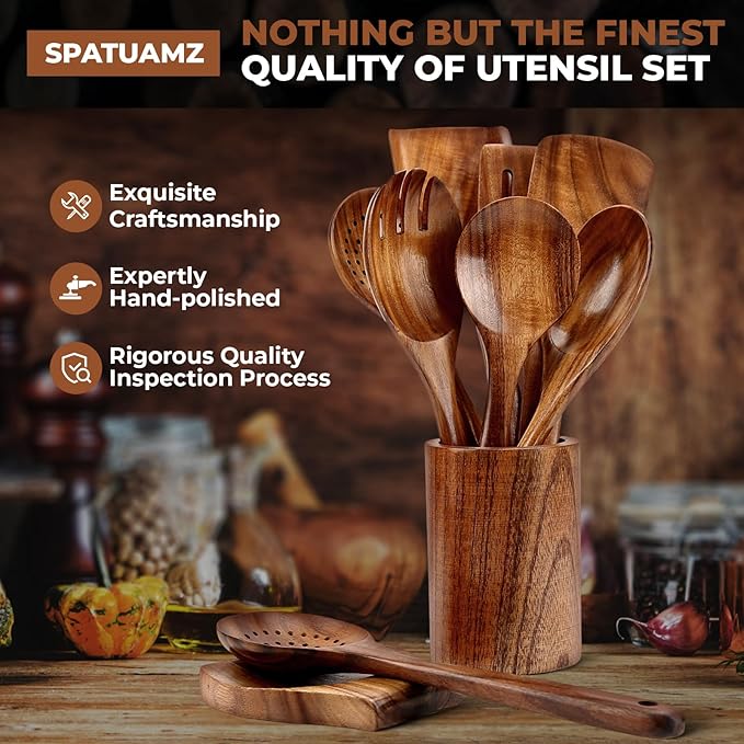 SPATUAMZ Wooden Spoons for Cooking, Teak Wood Kitchen Utensil Set for Nonstick Cookware, Durable Cooking Spatulas Set of 9 with Holder and Spoon Rest-Ruum Studio Home
