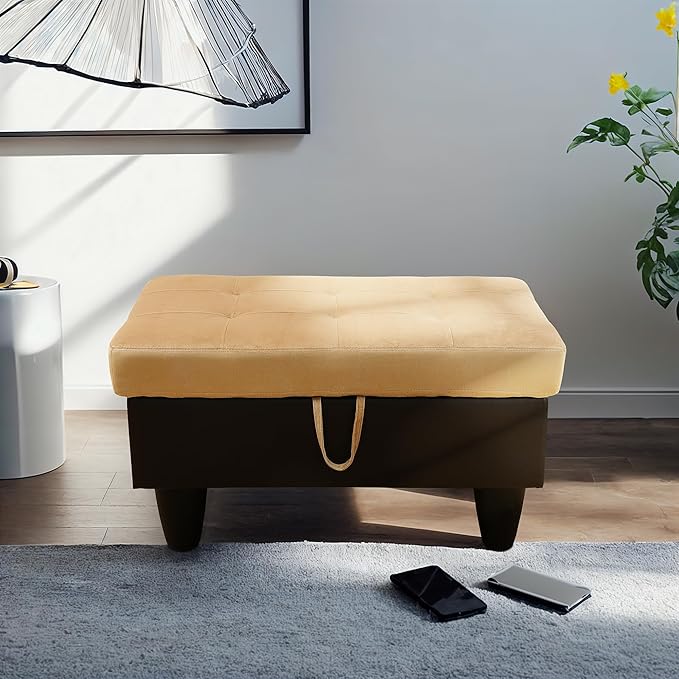 Ottoman Rectangular Storage Ottoman Bench, Flannel Footrest Stool Footstool with Lid for Living Room, Bedroom, Entryway, Champagne&Black, 35"x23.5"x17.5"-Ruum Studio Home