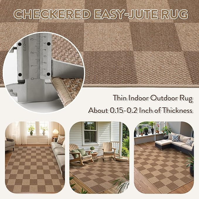 Lahome Checkered Easy Jute Living Room Rugs, 5x7 Large Dining Room Office Carpet Farmhouse Washable Area Rug, Checkerboard Neutral Non Slip Indoor Outdoor Carpet for Bedroom Entry Patio-Ruum Studio Home