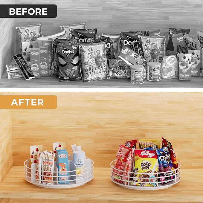 Snack Organizer - Versatile Snack Storage, Lazy Susan with Convenient Grab-and-Go Design, Metal Snack Holder for Home, Office, Breakroom, 11.85" L x 11.85" W x 4.17" H (White)-Ruum Studio Home