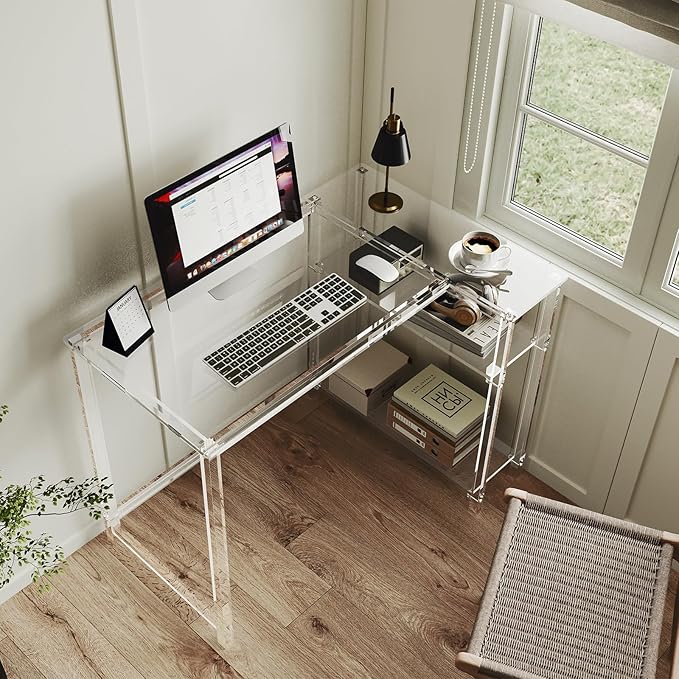 Eglaf Acrylic L-Shaped Desk - Clear Desk with Reversible Storage Shelves - Modern Home Office Desk Corner Desk for Study, Writing, Rectangular Legs, Easy Assembly, 39.4" L x 27''W x 29.5" H-Ruum Studio Home