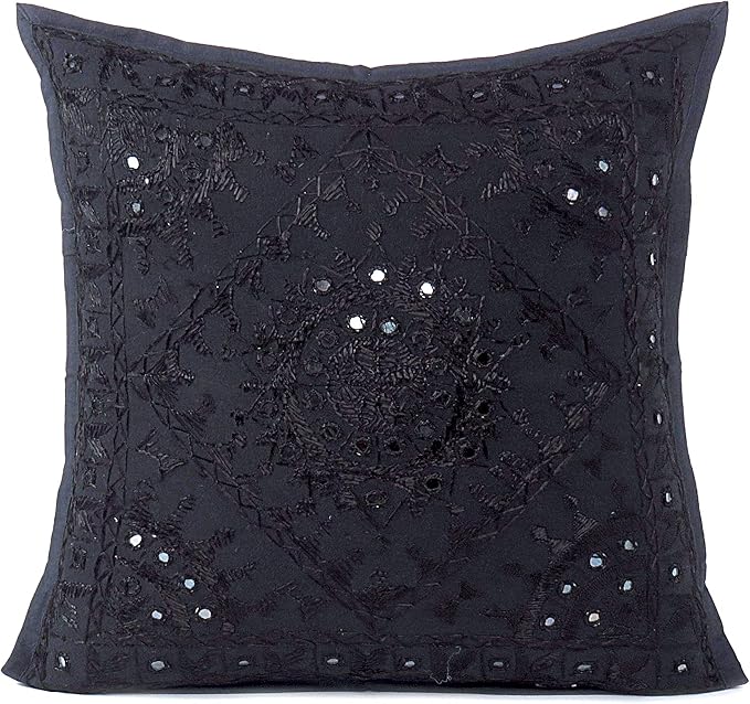 Eyes of India Embroidered Decorative Boho Throw Pillow Cover with Mirrors, Handmade Bohemian Accent Cushion Case for Sofa Couch Bedroom Living Room (Black, 24" x 24")-Ruum Studio Home