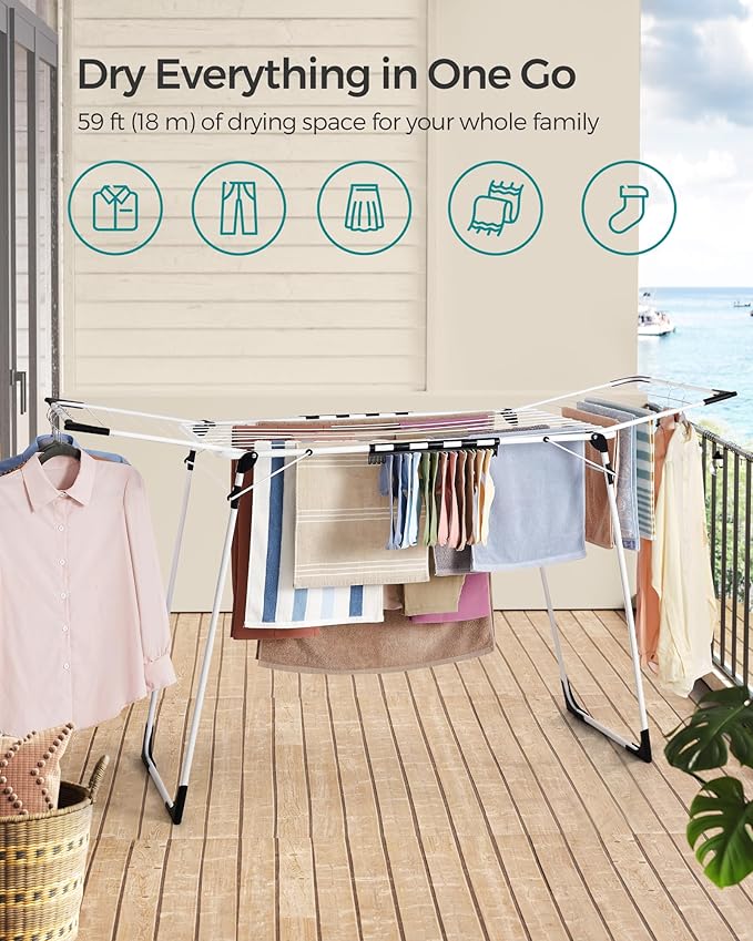 SONGMICS Clothes Drying Rack Foldable, Gullwing Laundry Drying Rack, Space-Saving, 22.2 x 68.1 x 38 Inches, Sock Clips, Metal Structure, for Clothes, Towels, Linens, Indoor, Outdoor White ULLR518W01-Ruum Studio Home
