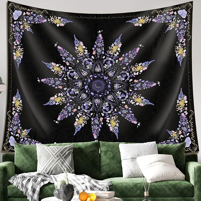 Damanse Floral Tapestry Wall Hanging Cute,Boho Wall Tapestry for Bedroom Aesthetic,Mandala Living Room Decor for Teen Girls (Purple, 49.20" x 59.10")-Ruum Studio Home