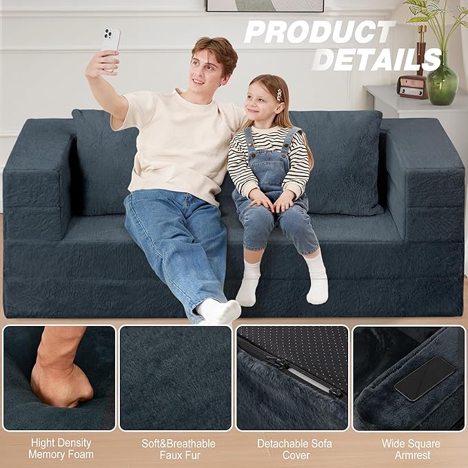 Folding Bean Bag Chair for Adults,3-in-1 Bean Bag Couch Faux Fur Floor Sofa Large Beanbag Convertible Bean Bag Sofa Bed with Pillow in Bedroom,Living Room,Apartment(Queen,Dark Grey)-Ruum Studio Home