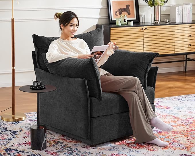 Oversized Accent Chair, Upholstered Modern Sofa Chair with Removable Backrest & Detachable Cover, 24.5" Deep Seat Large Reading Armchair for Living Room Bedroom Office - Chenille Black Set of 1-Ruum Studio Home
