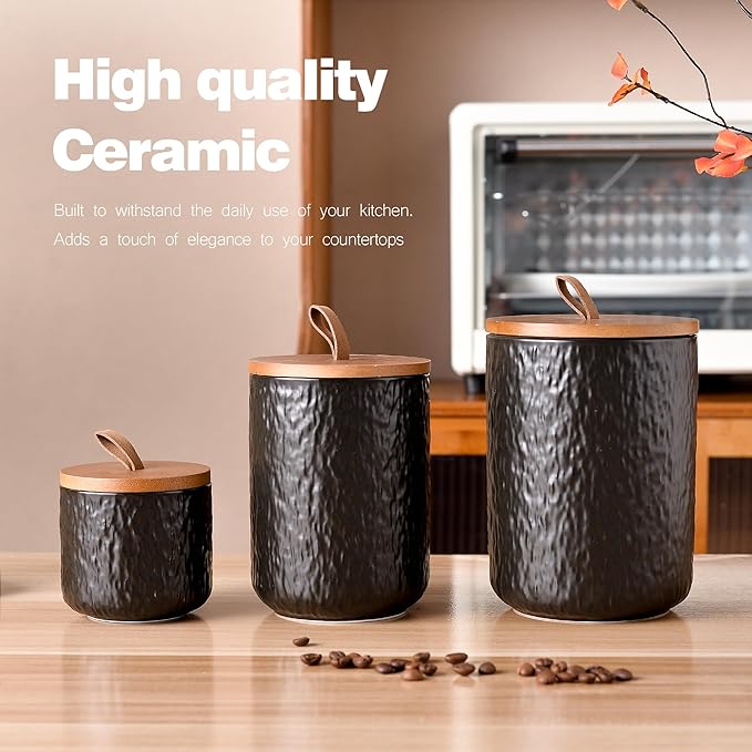 JOJUNO Black Ceramic Canister Set with Wooden Lid, 3-Piece Airtight Food Storage Jars for Kitchen Counter - Flour, Sugar, Coffee, Tea, Spice - Small, Medium, Large Sizes - Stone Texture-Ruum Studio Home