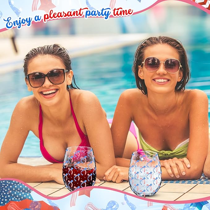 Sliner 2 Pack Patriotic Stemless Wine Glasses 17oz Red Blue Bow Drinking Glasses Independence Day Tumbler Cups for 4th of July Party Supplies Memorial Day Gift Decorations-Ruum Studio Home