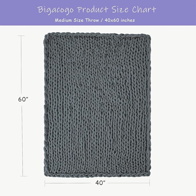 Bigacogo Chunky Knit Throw Blanket for Couch, 40x60 inches, 100% Hand Knitted with Thick Jumbo Chenille Yarn, Cozy Soft Large Rope Knot Cable Crochet Blankets for Sofa Bed Living Room, Iron Gray-Ruum Studio Home