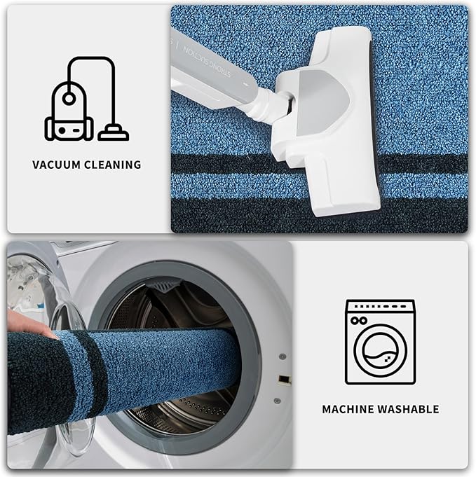 PURRUGS Dirt Trapping Door Mat 24" x 60", Non-Slip/Skid Machine Washable Entryway Rug, Shoes Scraper, Area Rug, Super Absorbent Welcome Mat for Muddy Wet Shoes and Paws, Light Blue & Navy-Ruum Studio Home