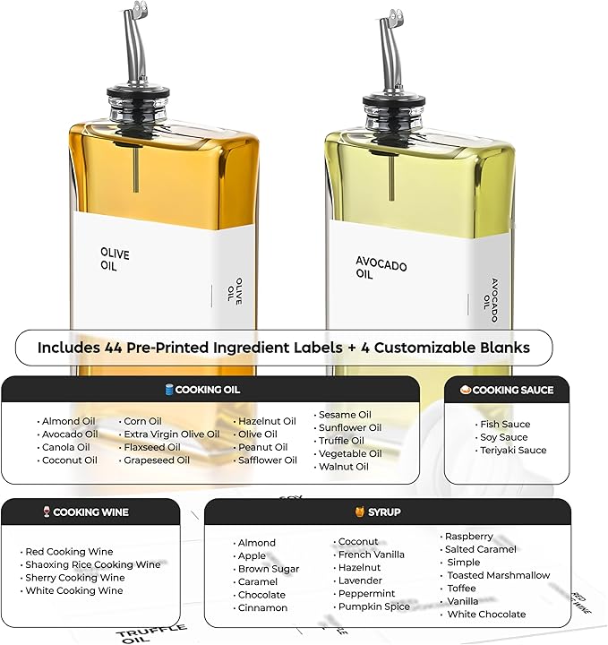 Olive Oil Dispenser Bottle - Includes 44 Kitchen Essential Labels - Cooking Oil Bottles for Kitchen, Coffee Syrup Dispenser - Pourer Spout with 11.8 fl oz Glass Container Cruet - 2pcs Silver-Ruum Studio Home