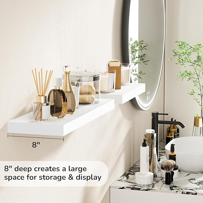 Fun Memories 24 Inch Floating Shelves - Deep Rustic White Wooden Wall Shelves - Extra Deeper & Thicker Wall Mounted Storage Shelf for Bedroom, Kitchen, Farmhouse - 2 Pack, Rustic White-Ruum Studio Home