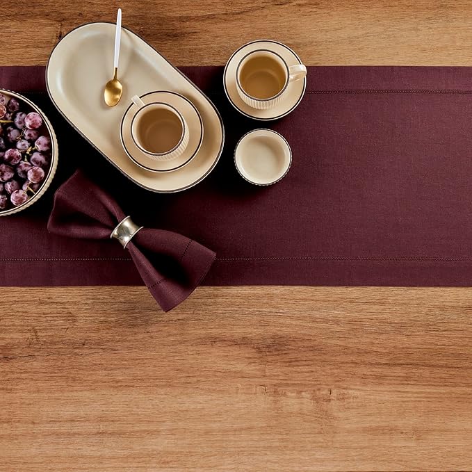 Solino Home Linen Table Runner 48 Inches - 100% Pure Linen Burgundy Hemstitch Table Runner 14 x 48 Inch Ideal for Dresser and Coffee Tables - Fall, Autumn, Thanksgiving - Classic Hemstitch-Ruum Studio Home
