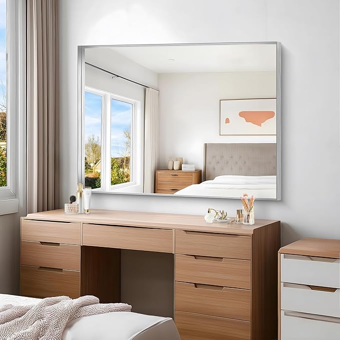 Silver Bathroom Mirror, 36x48 Inch Rectangular Deep Frame Mirror, Large Wall Mounted Bathroom Vanity Mirror Over Sink for Bedroom,Restroom, Living Room, Hangs Vertically or Horizontally-Ruum Studio Home