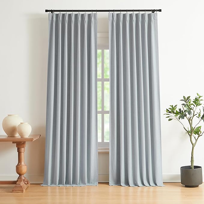 Vision Home Blue Gray Pinch Pleated Full Blackout Curtains Linen Blended Room Darkening Curtains 120 inch for Living Room Bedroom Thermal Insulated Pinch Pleat Drapes with Hooks 10ft 40" Wx120 Lx2-Ruum Studio Home