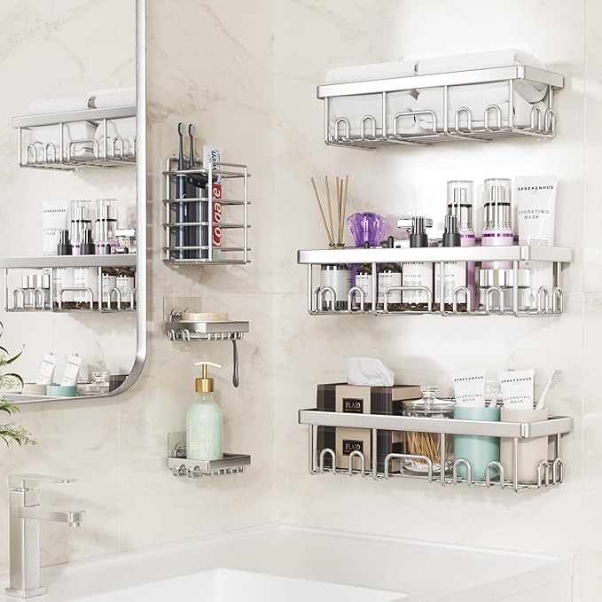 Veken Shower Caddy 6-Pack, Family Choice Award Winner, Large Wall Mounted Shower Rack, Bathroom Shelves Over Toilet, Organizer Storage Accessories with Soap Dish&Toothbrush Holder-Ruum Studio Home