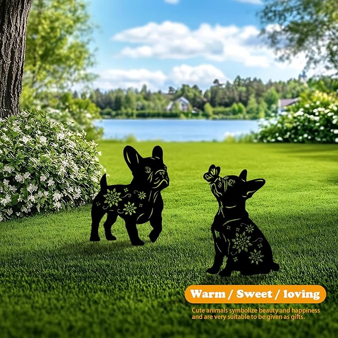 4 Pack Bulldog Metal Garden Decorative Stakes, Weather Proof Puppy Silhouette Statues for Yard, Patio,Outdoor Decor for Bulldog Lovers and Pet Owners-Ruum Studio Home