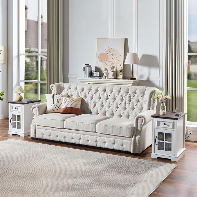 Farmhouse XXL End Table with Charging Station, Side Table with USB Ports and Outlets, Nightstand with Drawer and Glass Door Storage, White Bedside Tables for Living Room, Bedroom, Office-Ruum Studio Home