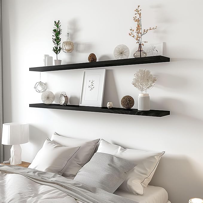 Wood Floating Shelves for Wall Decor, Rustic Wall Shelves for Bedroom Bathroom Kitchen Living Room, Set of 4 Black 48 Inch-Ruum Studio Home