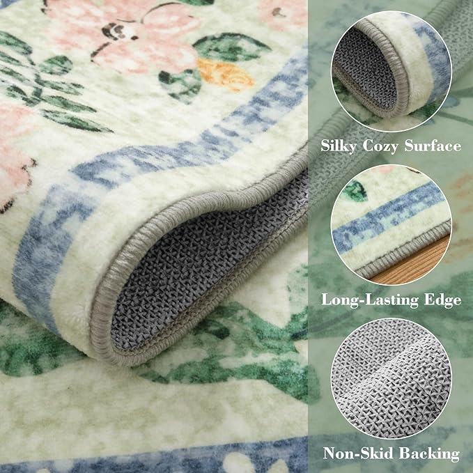 Wonnitar 10x14 Machine Washable Area Rugs, Green Floral Large Rugs for Living Room, Ultra-Thin Foldable Boho Flower Print Bedroom Carpet for Dorm Apartment Office-Ruum Studio Home