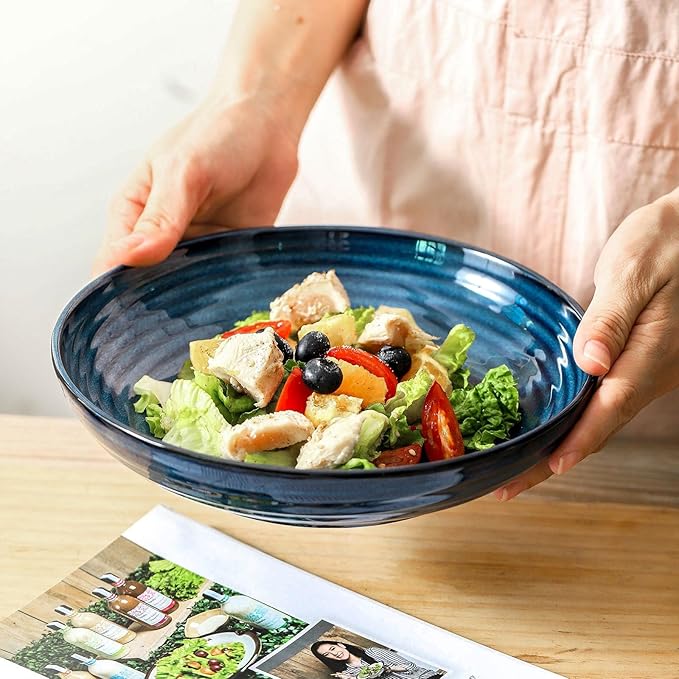 Pasta Bowls 32 OZ,Ceramic Salad Serving Bowls Set of 4,Large 8.7 inch Shallow Bowls Plates for Soup,Fruit,Noodle,Dinner,Dishwasher & Microwave Safe,Navy Blue-Ruum Studio Home