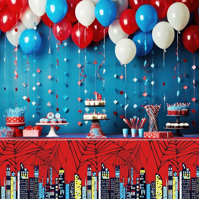 Oudain 5 Pcs Spider Tablecloth 108 x 54 in Red and Blue Plastic Disposable Table Covers City Web Theme Birthday Party Decorations Large Table Cloths for Party Indoor Outdoor (Classic)-Ruum Studio Home