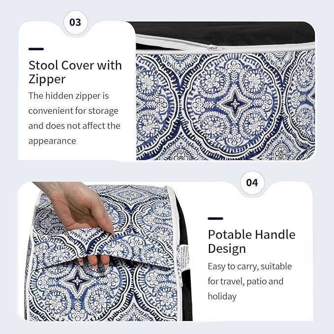 Inflatable Ottoman Stool D21 xH9 for Outdoor/Indoor Use, Water Repellent Patio Foot Rest Stool with Portable Handle,Round Pouf Ottoman Suitable for Garden,Deck and Camping - Medallion Blue-Ruum Studio Home