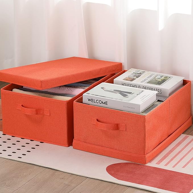 HOONEX Storage Bins with Lids for Organizing, Pack of 2, Storage Boxes with 2 Carrying Handles and Sturdy Heavy Cardboard, 16.5" L x 11.8" W x 7.5" H for Shoes, Books, Clothes, Nursery, Orange-Ruum Studio Home
