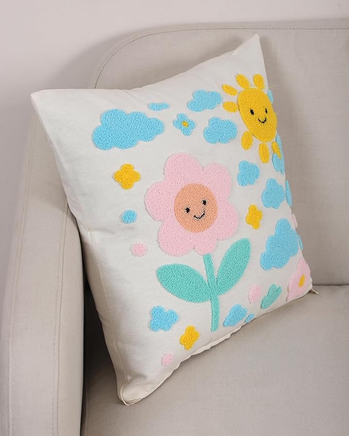 katre home madame & textile Throw Pillow Cover – Sun & Cloud Punch Needle Cushion 18x18 inch – Handmade Embroidered Boho Cotton Pillow for Couch, Bed or Nursery Room Decor-Ruum Studio Home